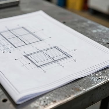Macro close-up of a technical blueprint and spec sheet resting on a steel factory workbench, bright natural warehouse lighting, sharp focus, 35mm