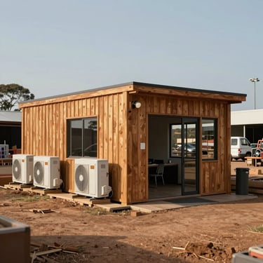 A modular timber site office with air conditioning units and a professional entrance, located on a busy South African commercial site.
