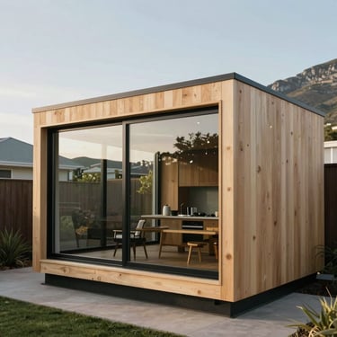 A contemporary modular garden studio with large glass windows and light sand-colored wood siding, set against a South African suburban backdrop.