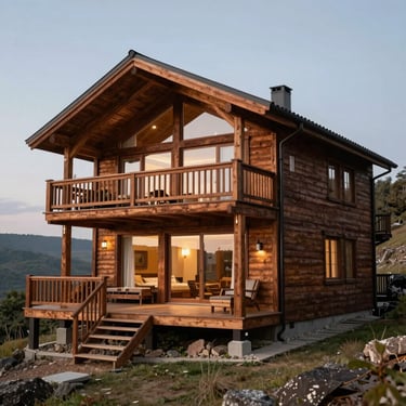 A large, luxury timber cabin with multiple rooms and a deck, constructed with deep brown wood, standing elegantly on a hillside.