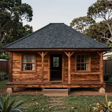 A classic South African Wendy house made of treated pine wood with a dark charcoal roof, positioned in a neat backyard setting.