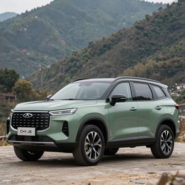 Three-quarter view of Chery J6 EV off-road in matte green, rugged mountain background