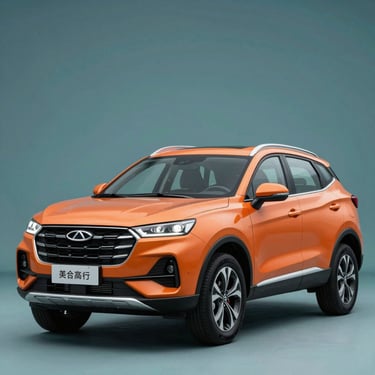 Front three-quarter view of Chery Tiggo Cross in bright orange, clean studio background with teal highlights