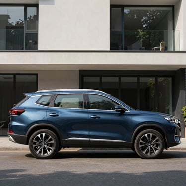 Side view of Chery Tiggo 8csh in dark blue, parked in front of a modern minimalist house