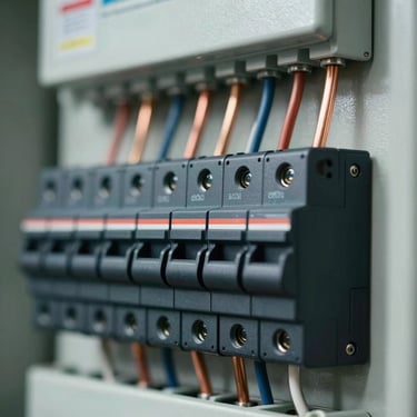 Macro close-up of a modern electrical panel, perfectly organized black breakers, clean copper ground wires, bright precise lighting.