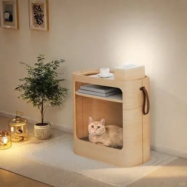 Compact wooden cat cabinet with a small entrance, designed to blend naturally into a warm modern liv