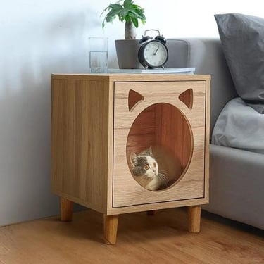 Wooden cat house cabinet with a rounded entrance, soft interior and simple home-friendly furniture d