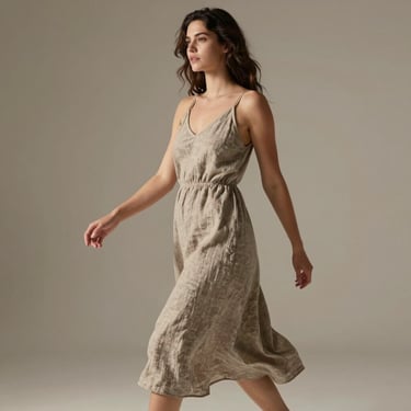 Model in a soft taupe linen dress showing natural movement, soft diffused daylight, warm minimalist studio setting