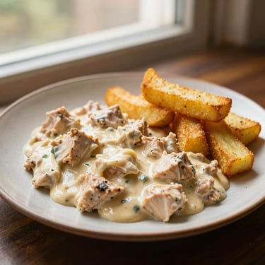 Creamy chicken strogonoff served with golden potato sticks on a rustic plate, warm side lighting.