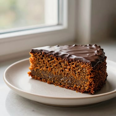 Slice of moist carrot cake with a glossy chocolate glaze on a beige ceramic plate, natural kitchen window light.