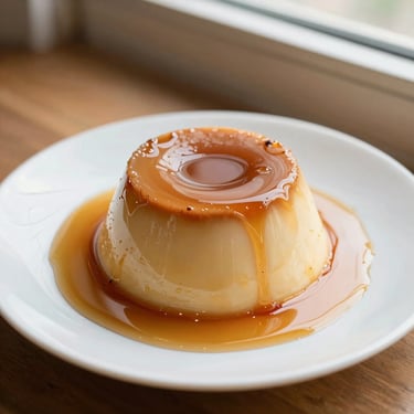Classic Brazilian caramel pudding with amber syrup pooling on a white plate, natural daylight.
