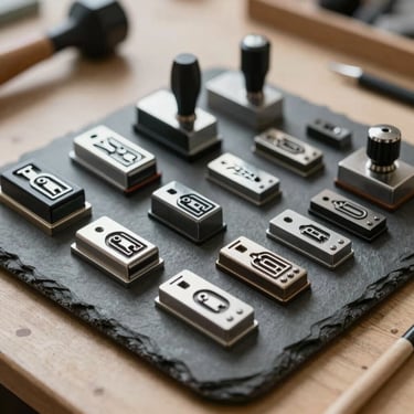 A collection of custom metal foil stamping dies resting on a slate work surface in a design studio, natural side light