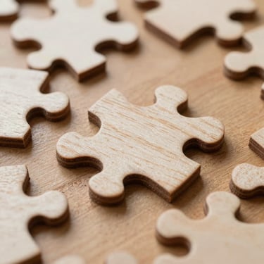 Détail macro d'un puzzle en bois Vera non assemblé, tranches sombres coupées à la scie à chantourner, grain du bois visible