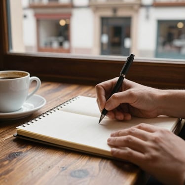 Warm editorial close-up of hands writing on a clean notebook next to a coffee cup, soft natural light, rustic table