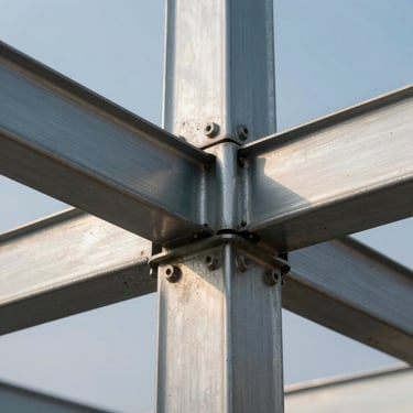 Macro architectural detail of a steel structural connection, brushed metal, honed stone, crisp cool morning light, level framing.
