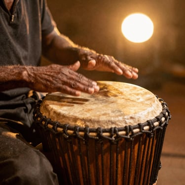 Close-up of hands playing a traditional atabaque drum, warm golden spotlight, dynamic motion blur, rich earthy tones