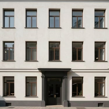 Straight-on facade of a minimalist boutique hotel in Sofia, clean geometric lines, no distortion.