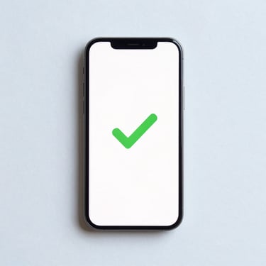 Overhead flatlay of a white smartphone on a soft blue-white surface, screen glowing with a clean green checkmark icon centered on a minimal white card, bright daylight, no shadows, ultra-clean iOS aesthetic