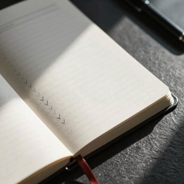 Macro shot of physical planner pages on a dark slate desk, sharp directional light casting deep shadows over hand-drawn checkmarks.