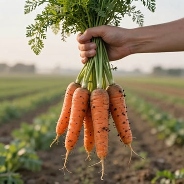 Hands holding freshly harvested heirloom carrots with dirt clinging to roots, soft morning light in an open field