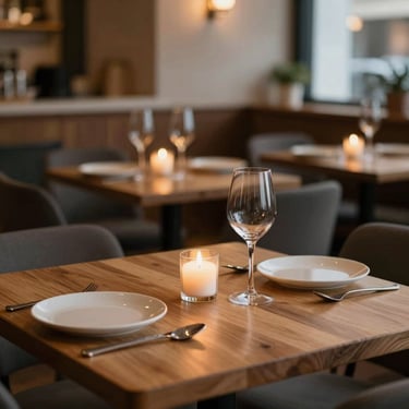 Cozy Scandinavian restaurant interior, soft warm candlelight, natural wood tables, empty plates avoided, soft focus on wine glass.