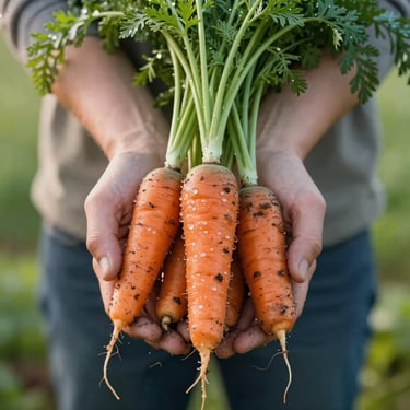 Hands holding freshly harvested heirloom carrots with dirt still on them, morning dew, soft diffused daylight.