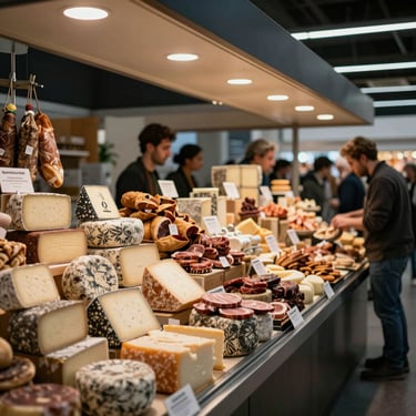 A bustling modern food hall market stall with curated artisanal cheeses and cured meats, soft overhead lighting