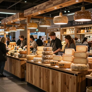 A bustling modern food hall, wooden stalls, artisanal cheese wheels displayed under warm pendant lights.