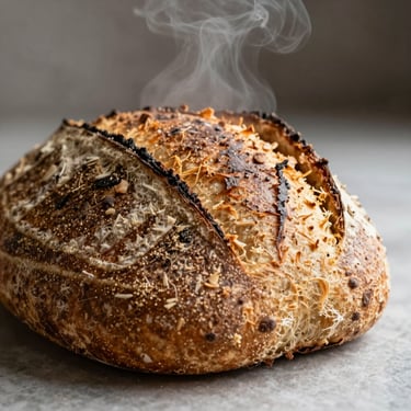Macro shot of fresh sourdough crust, steam rising slightly, soft natural light, warm tones