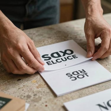 Close-up of a designer's hands arranging physical brand collateral on a warm stone surface, soft indirect daylight.
