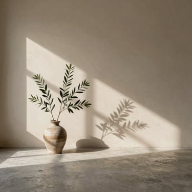 Serene minimalist design studio interior, concrete floor, soft diffused natural daylight casting long architectural shadows on a warm beige wall, single olive branch in a ceramic vase.