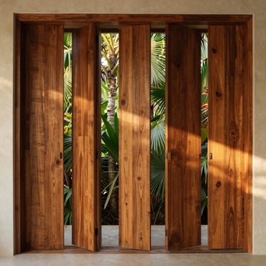 Interior view of a modern tropical room showing natural light play through a reclaimed teak wood screen, warm tones.