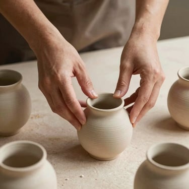 A close-up of hands carefully arranging hand-poured ceramic vessels on a soft sand-colored stone surface, warm side lighting, editorial aesthetic.