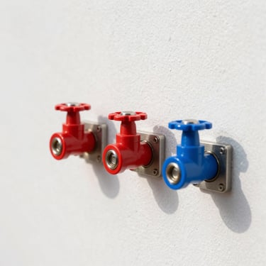 Détail d'un collecteur de plomberie moderne en laiton installé proprement sur un mur blanc, vannes rouges et bleues alignées au millimètre, lumière naturelle.