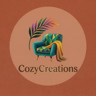 CozyCreations logo featuring a geometric teal armchair, yellow knit throw, and tropical leaf.