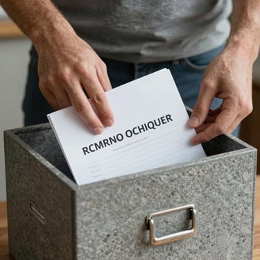 A person's hands neatly placing a document into a muted stone grey filing box.
