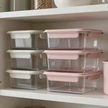 A minimalist and organized kitchen shelf with clear storage containers and soft pink accents.