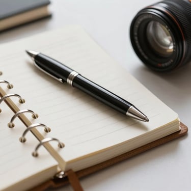 A close-up of a professional planner and a high-quality pen resting on a soft off-white desk surface.