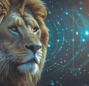 Tête de lion sur fond céleste avec des étoiles