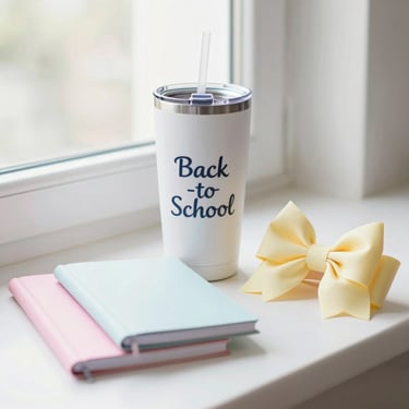 A curated back-to-school bundle featuring a personalized tumbler, pastel notebooks, and a butter yellow bow, soft-focus boutique style