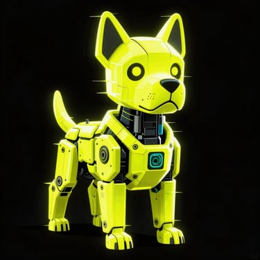 Glitched cybernetic dog portrait, high-contrast neon underglow, bold yellow accents, square aspect.
