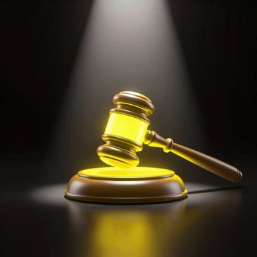 Glowing digital gavel striking a platform, dramatic spotlight, high-contrast Web3 brutalism, square aspect.