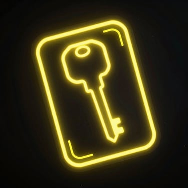 Neon glowing key card, retro-futuristic cyberpunk style, dark mode cyber aesthetic, square aspect.