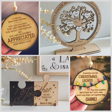 a collage of personalised ornaments and decor