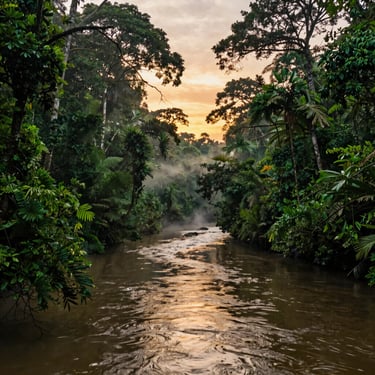 Lush green Amazon rainforest canopy in Pando, a winding river reflecting the warm sunset light, mist rising from the trees