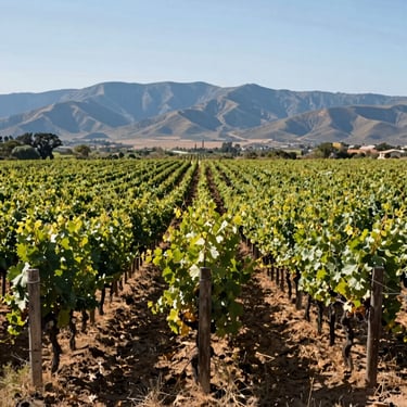 Sunlit vineyard in the Valley of Tarija, rows of green grapevines stretching toward distant blue mountains under a clear sky