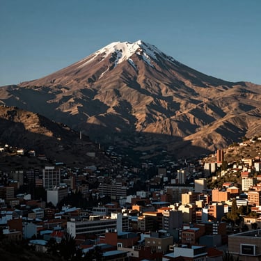 Cinematic shot of Illimani mountain towering over the city of La Paz, dramatic afternoon light casting shadows across the valley
