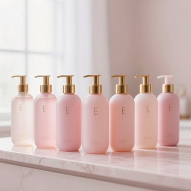 Dove hair care bottles arranged neatly on a light pink marble counter, soft morning window light, 35mm