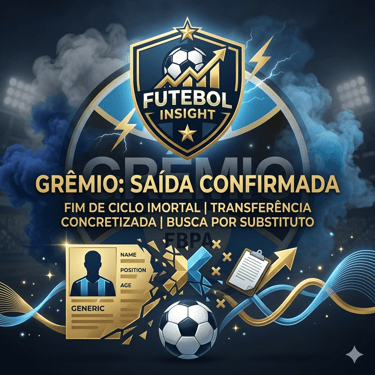 Banner portal Futebol Insight com título "Grêmio: Saída Confirmada", ícone perfil fragmentado, bola futebol e escudo Grêmio
