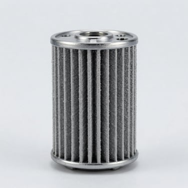 Crisp studio shot of a spin-on spin-off oil filter with metallic finish, light gray background